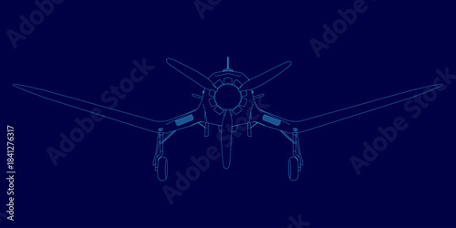 Retro plane drone with spread wings and spinning propellers flies against a dark blue sky in a clean line art contour style.