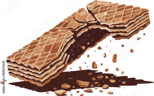Broken chocolate wafer bar with crumbs falling down onto surface sweet snack food vector illustration