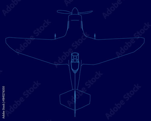 Retro airplane blueprint on a blue background features a clear contour outline with spread wings and an upright tail fin. The stark contrast makes the design stand out for aviation concepts.