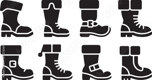 Set of eight black silhouette icons representing different styles of winter boots footwear