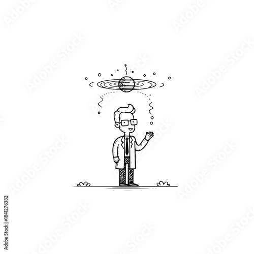 Handdrawn doodle of a male scientist in a lab coat studying a floating planet with cosmic elements, isolated on