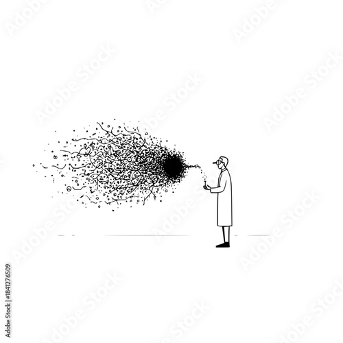 A scientist in a lab coat holds a beaker causing a chaotic dark explosion to erupt, isolated on