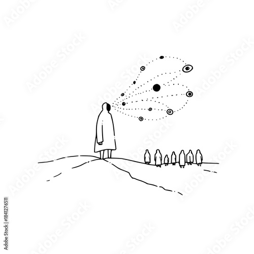 Conceptual line art of a person sharing cosmic ideas, observed by a group, isolated on