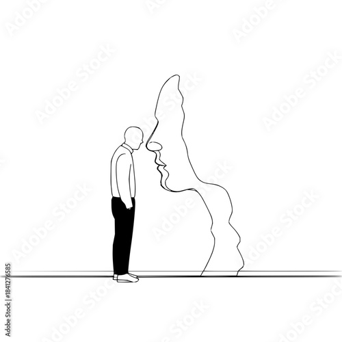 Line art man looking at human face profile, representing introspection, isolated on