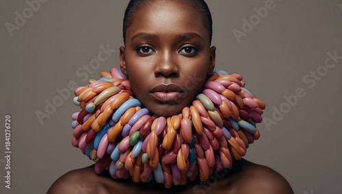 Posing adult female model wearing sculptural colorful bead collar in studio, showing glossy finish