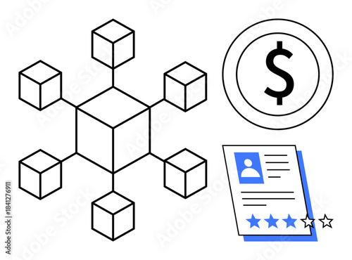 Network of connected cubes, dollar icon, and review document with star ratings. Ideal for blockchain, finance, innovation, decentralized systems, reviews digital identity and technology. Simple
