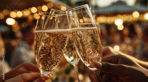 Close up of person hand holding crystal champagne flute with sparkling wine clinking for celebration toast at luxury evening party event