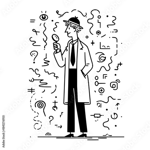 Detective character with magnifying glass investigating clues and symbols, representing problemsolving and inquiry, isolated on