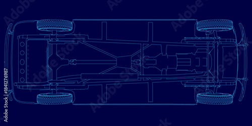 A retro car blueprint on a blue background reveals the detailed chassis contour and technical sport design.