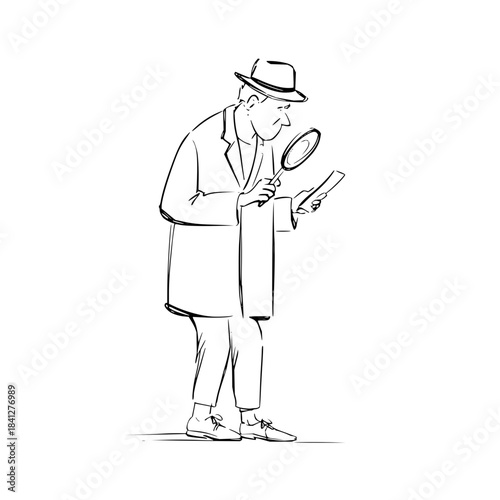 Man in trench coat and hat examining a document with a magnifying glass, isolated on