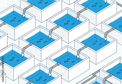 Multiple tanks with blue water, black fish silhouettes, and gray pipes showing water flow