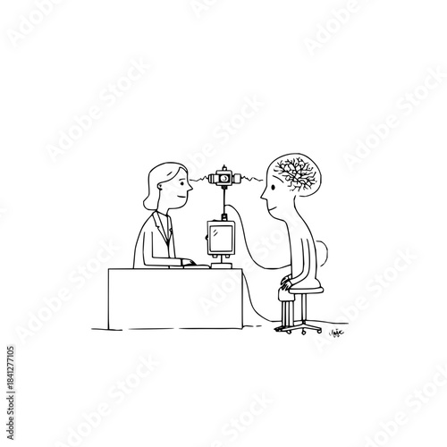 Conceptual illustration of brain activity monitoring or direct thought transfer between two individuals, isolated on