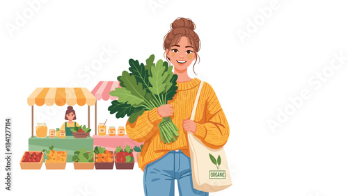 Woman holding leafy greens at a vibrant outdoor farmers market with various fruits and vegetables on display isolated on white background