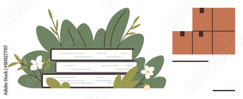Books arranged with sprouting plants and flowers, accompanied by stacked boxes. Ideal for education, storage, nature, logistics, literature, balance and eco-friendly themes. Simple flat metaphor
