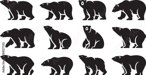 Set of twelve black polar bear silhouettes in various standing and sitting poses with white background Keywords: polar bear, arctic, animal, wildlife, silhouette, icon, symbol, design element