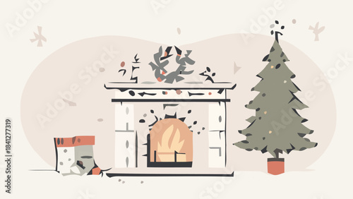 Cozy Christmas Fireplace and Stocking Silhouette Vector Art for Warm Winter Holiday Scene Creation