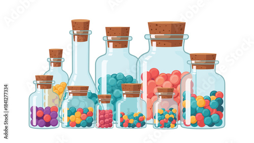 Collection of colorful candies in glass jars with cork lids isolated on white background
