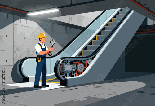Mechanic in hard hat inspects escalator machinery with wrench