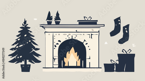 Cozy Christmas Fireplace and Stocking Silhouette Vector Art for Warm Winter Holiday Scene Creation