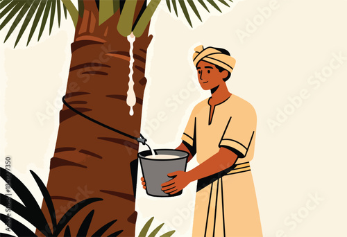 Person collecting sap from tree in a bucket