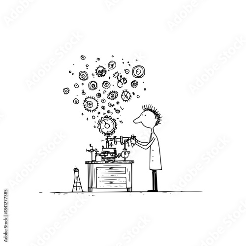 Hand drawn sketch of a quirky inventor creating a mechanical device that generates gears, isolated on