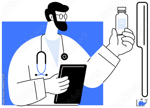 Doctor examines vaccine bottle holding a tablet, syringe in focus. Ideal for healthcare, vaccination campaigns, medical technology, pandemic response, research, patient care, pharmacy