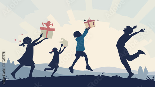 Kids opening gifts silhouette vector set, capturing the excitement and magic of Christmas morning surprise.