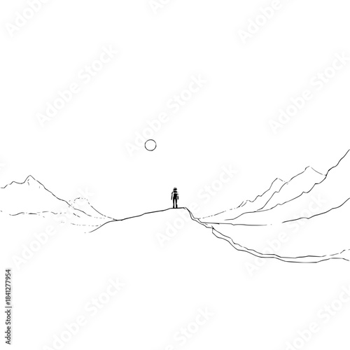 Minimalist line art drawing of a lone figure on a vast mountain landscape under a distant sun, isolated on
