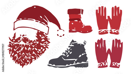 Santa's essentials silhouette vector set: hat, gloves, boots, and beard, for jolly holiday character designs.