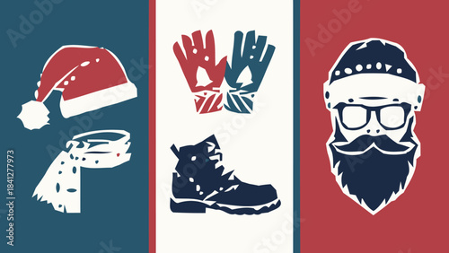 Santa's essentials silhouette vector set: hat, gloves, boots, and beard, for jolly holiday character designs.