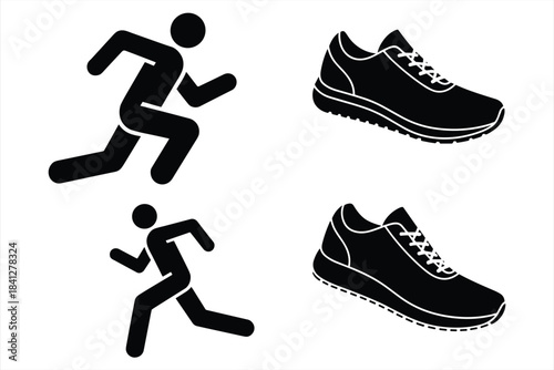 Black Silhouette Icons of Two Runners and Two Running Shoes on White Background vector illustration