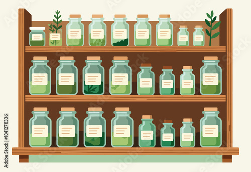 A wooden shelf displays rows of green glass jars filled with herbs and liquids