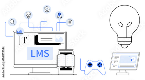 Online education, digital learning, gamification, e-learning platforms, innovation, knowledge sharing. Computer with LMS, open book game controller lightbulb and tech icons. E-learning