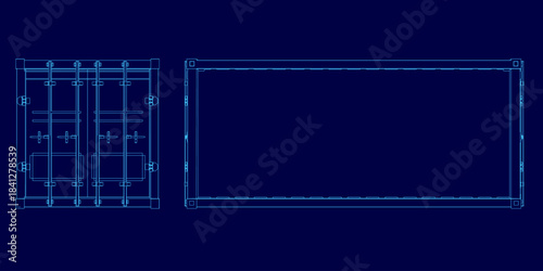 Blueprint of a shipping container door with a rectangular contour and latch. The detailed technical drawing features a divided door with a top window, handle, and decorative side patterns.