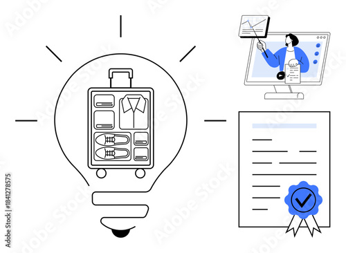 Travel planning highlighted by organized luggage and online certification. Travel connects people globally, emphasizing preparation, education, and approved documentation. For e-learning, tourism