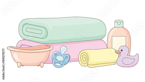 A colorful illustration of baby bath time essentials including a tub, towels, rubber duck, and toiletries on a white background