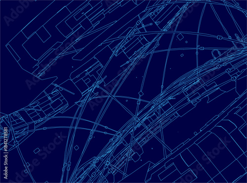 A detailed city map blueprint with contour lines and shapes represents a futuristic space station on a blue background.
