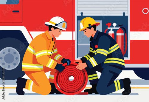 Two firefighters in protective gear kneel by a fire truck, coiling a red hose