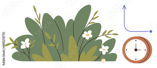 Green foliage with flowers, clock, and upward arrow convey growth, time management, and progress. Ideal for sustainability, productivity, nature, planning strategy success simple flat metaphor
