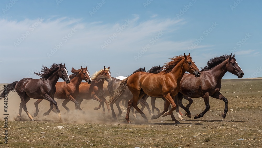 Fototapeta premium Galloping herd of horses kicking up dust across flat open plain under blue wispy sky