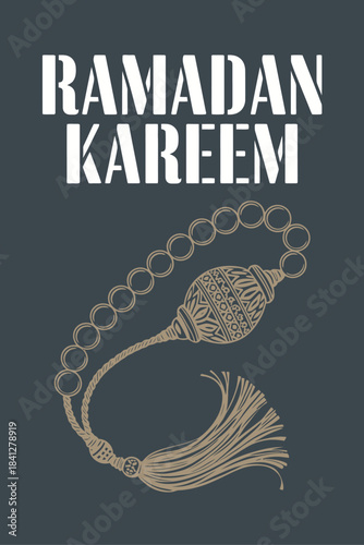 Ramadan Kareem Greeting with Prayer Beads and Tassel Design