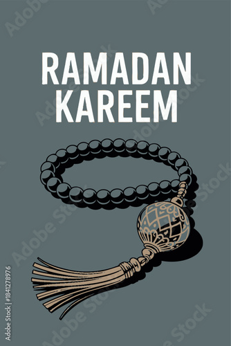 Ramadan Kareem Greeting with Prayer Beads and Tassel Design