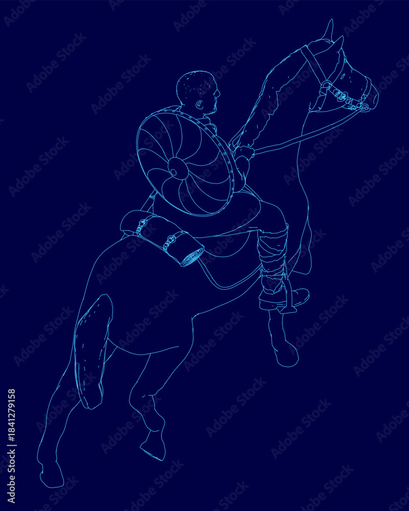 Fototapeta premium A warrior on horseback charges forward in full armor, holding a sword aloft against a solid blue background. The galloping horse's mane and tail flow dynamically in the wind.
