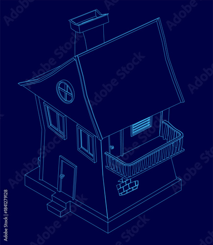 A simple toon house blueprint on a blue background features a detailed contour drawing with a roof, walls, windows, and chimney.