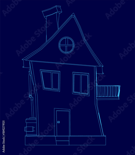 A simple toon house contour blueprint on a blue background features detailed roof lines, windows, and a prominent chimney.
