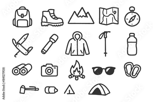 Essential camping gear icons: backpack, boots, jacket, tent, map, compass, camera, hiking.