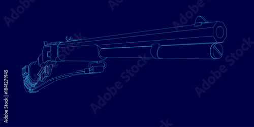 Detailed blueprint of a Winchester-style rifle contour on a solid blue background, highlighting the barrel, handle, and trigger mechanism. The technical drawing offers a stark, contrasting design.