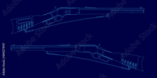 Detailed blueprint of a action rifle on a blue background, highlighting its mechanical contour and components like the barrel, trigger, and stock.