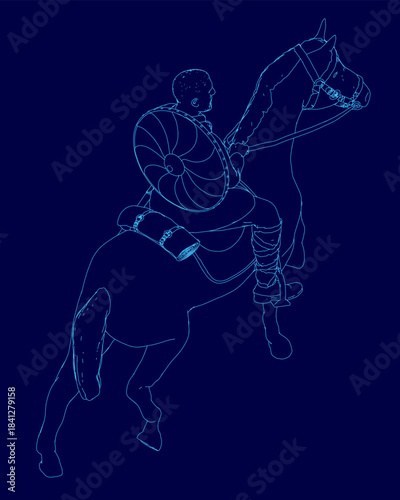 A warrior on horseback charges forward in full armor, holding a sword aloft against a solid blue background. The galloping horse's mane and tail flow dynamically in the wind.