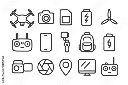 Drone and photography equipment icons: camera, battery, controller, monitor, propeller, backpack.